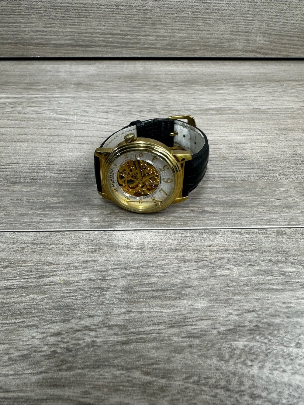 Stührling Automatic Men's Dress Watch Gold Skeleton Dial Black Band